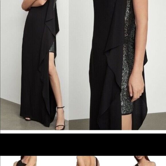 BCBGMaxAzria One-Shoulder Ruffle Glitter Panel Evening Gown Maxi Dress Black 0 - Picture 8 of 13